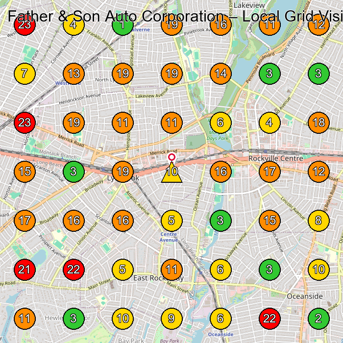 Father & Son Auto Corporation Used Car Dealer GeoGrid ranking map for Lynbrook NY
